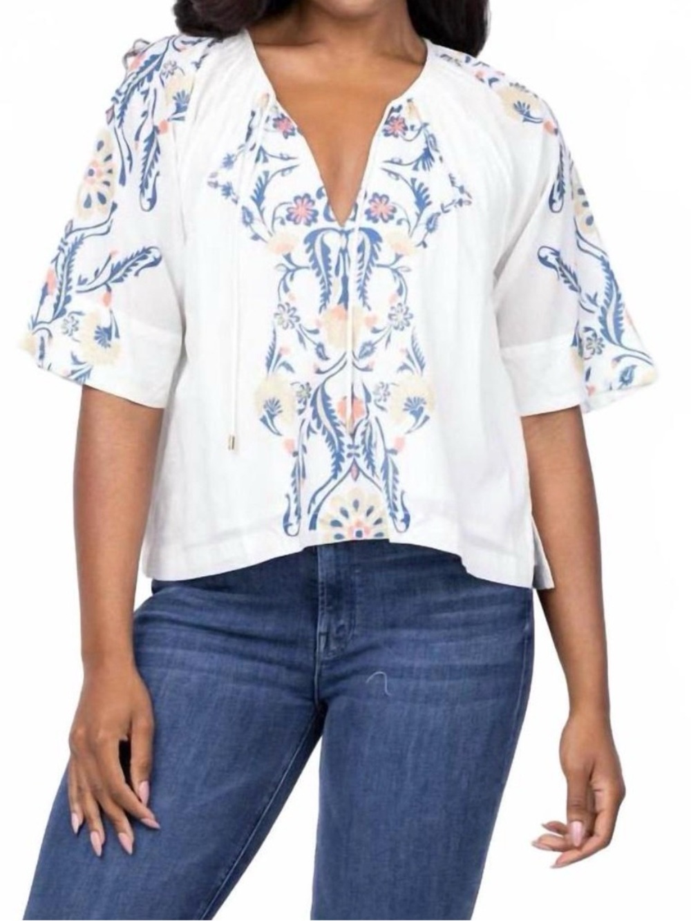 Cleobella white floral tie neck peasant blouse, size M